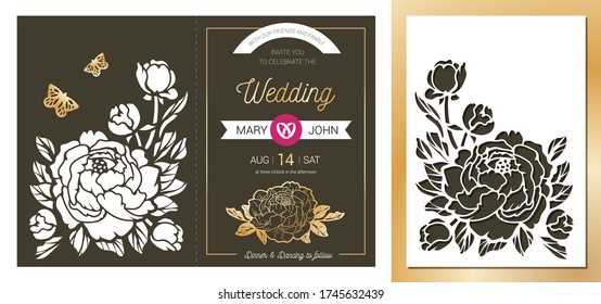 Laser cutting template floral fold card. Trendy paper art envelope with luxury gold wedding invitation. Lace decor panel with peony and butterfly. Stencil Silhouette. Die cut vector for Valentines day