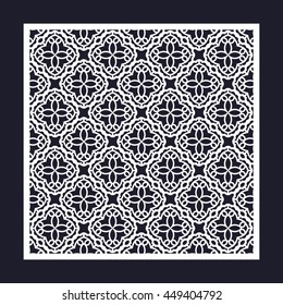 Laser cutting template for greeting cards, envelopes, wedding invitations. Openwork square frame with geometric pattern.