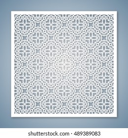 Laser cutting template for greeting cards, envelopes, wedding invitations. Openwork square frame with geometric pattern.