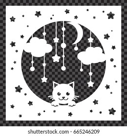 Laser cutting template for greeting cards, envelopes, invitations, interior elements. Suitable for stencil production. Decorative carved openwork vector silhouette with cat, moon, stars.