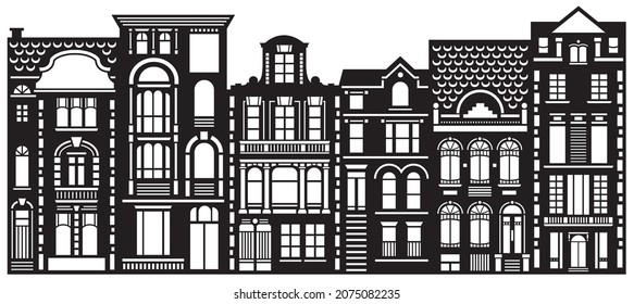 Laser Cutting Template Of Houses. Row Of Christmas Houses. Amsterdam Old Houses Facades. Wood Carving Vector. Die Cut Christmas Town. Paper Cutout. Baroque Houses Papercutting.  