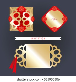 Laser cutting template of invitation for wedding design. Gold invitation with a red ribbon. Cover and liner.