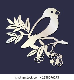 Laser Cutting Template. Isolated Silhouette Of Bird On The Tree Branch With Berry. Paper Cut Out New Year Theme. Paper Decor For Window. Vector Illustration. 