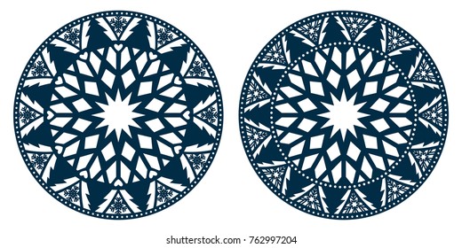 Laser cutting template. Lace doily place mats, cake decorating, antique design, holiday palette for Christmas, scrapbooks, setting table. Die cut card with snowflake, New Year tree  and heart pattern.