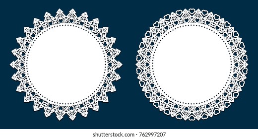 Laser cutting template. Lace doily place mats, antique design, holiday palette for Christmas, scrapbooks, setting table, cake decorating. Die cut card with snowflake, New Year tree  and heart pattern.