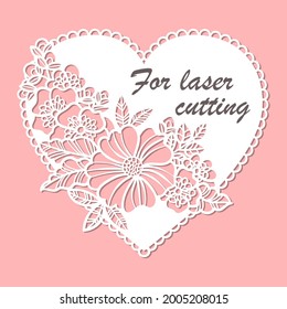 Laser cutting template. Lace heart with flowers. For the design of postcards, congratulations, valentines, interior details, decorations. For cutting from any material. Vector