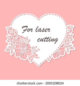 Plantilla de corte láser. Lace el corazón con flores. Para el diseño de postales, felicitaciones, tarjetas de San Valentín, detalles de interiores, decoraciones. Para cortar cualquier material. Vector