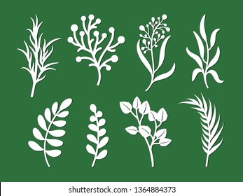 Plantilla de corte láser de hojas, ramas, pasto. Follaje abierto de hierbas aisladas sobre fondo verde. Silueta vectorial de elementos. Equipo de arte ecológico para tallado de madera, corte de papel, sello para cortar trozos