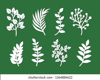 Laser cutting template of leaves, branches, grass. Openwork foliage of herbs isolated on green background. Vector silhouette of elements. Ecology art set for wood carving, paper cut, stamp for die cut