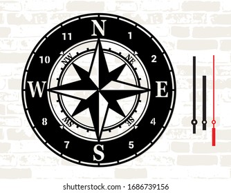 Laser cutting template. Nautical wall clock. Compass wind rose design element. Vector stencil. Simple clock face with arabic numerals. Silhouette of dial isolated.