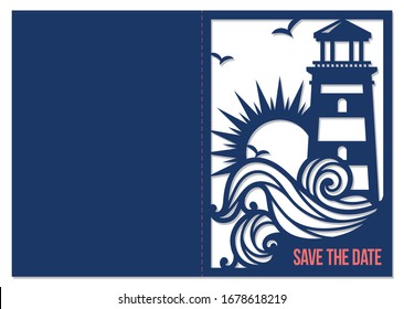 Laser cutting template. Nautical wedding pocket invitation. Save the date card. Lighthouse with ocean wave. Sea theme silhouette. Stencil design. Paper cutout. Vector.