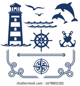 Laser cutting template. Nautical wedding set in vintage style. Anchor, wheel, compass, seagull, dolphin, lighthouse, wave ocean, rope corner.  Set of sea and nautical decorations isolated on white.