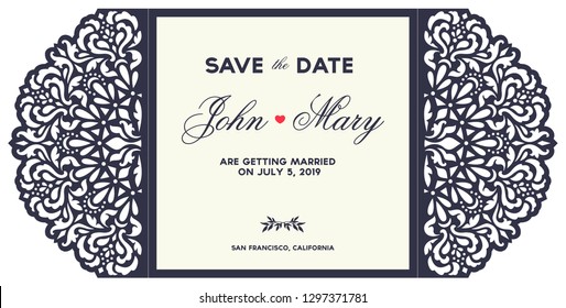 Laser cutting template. Openwork gate fold envelope with damask pattern. Wedding invitation lace card. Vector illustration. Paper cut out design.