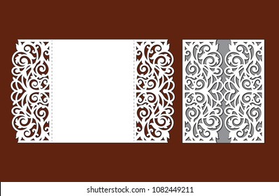 Laser cutting template of openwork vector silhouette. Gate fold wedding invitation card. Envelope with ornate abstract ornament. Panels with decorative design pattern. Lace border at vintage style.