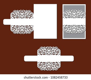 Laser cutting template of openwork vector silhouette. Wedding invitation card with lace border at vintage style. Envelope with ornate abstract ornament. Decorative design pattern for holiday party.