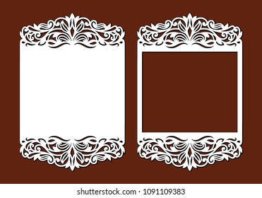 Laser cutting template of openwork vector silhouette. Wedding invitation card with lace border at vintage style. Envelope with ornate abstract ornament. Decorative design pattern for holiday party.