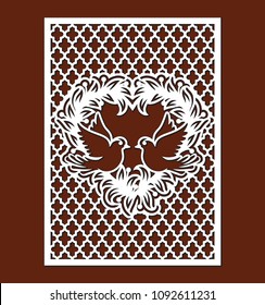Laser cutting template of openwork vector silhouette for wedding invitation card. For envelope with dove birds, leaves and lattice with ogee ornament. Wall panels with decorative design pattern.