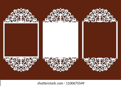 Laser cutting template of openwork vector silhouette. Wedding invitation card with lace border at vintage style. For envelope with ornate abstract ornament. Decorative design pattern for holiday party