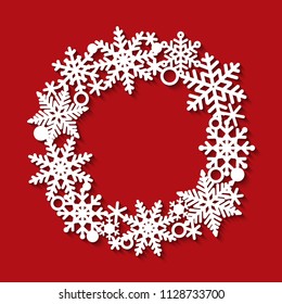 Laser cutting template of openwork vector winter pattern. Frame in shape of wreath with snowflakes. Silhouette of round border for xmas invitation card. Vintage Christmas decoration for paper cut out.