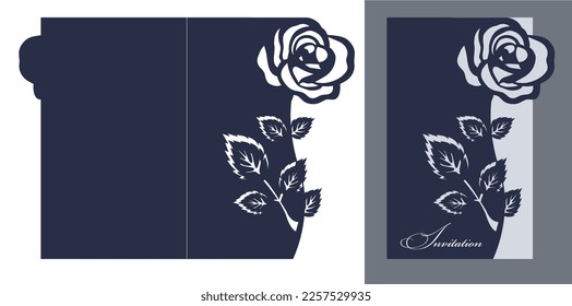 Laser cutting template of openwork vector silhouette. Floral wedding invitation with cutout rose. Lace floral border die cut card at vintage style