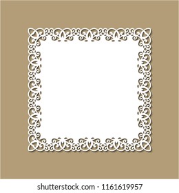 Laser cutting template of ornamental frame with openwork decoration on gold background. Wedding or greeting invitation card with lacy edge of the border at vintage style. Square vector silhouette.