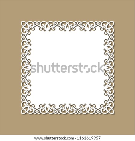 Laser cutting template of ornamental frame with openwork decoration on gold background. Wedding or greeting invitation card with lacy edge of the border at vintage style. Square vector silhouette.