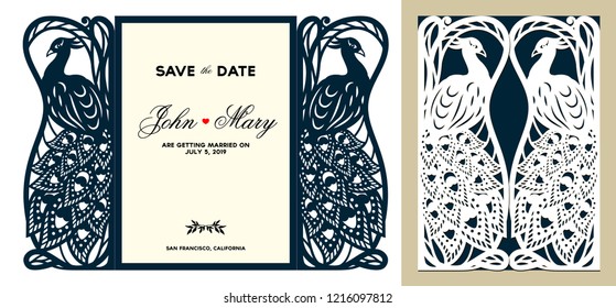 Laser cutting template. Peacock lace two fold paper card. Wedding invitation stationery. Die cut template save the date card with ornamental bird. Greeting envelope. Vector illustration.