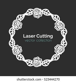 Laser Cutting Template. Round Card with Roses. Die Cut Mangala. Cutout Illustration With Ornamental Lace Decoration For Wedding Invitation Cards. Vector Design.