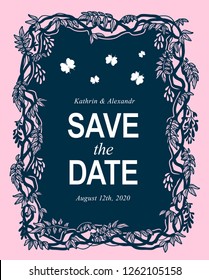 Laser cutting. Template. 'Save the date' tropical greeting card silhouette with liana border and butterflies isolated on pink background. Die cut wedding design. Vector Illustration.