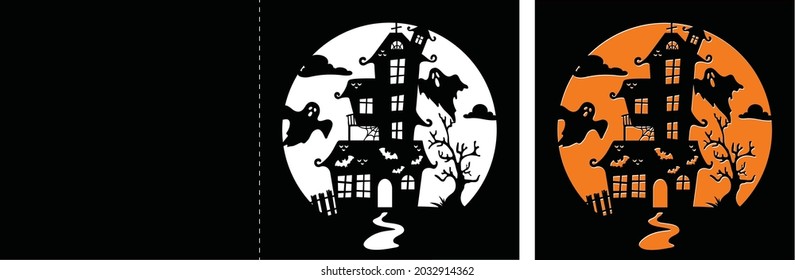 Laser cutting template. Scary old haunted castle. House with the ghosts. Halloween party card. Stencil. Black and white silhouette. Vector illustration