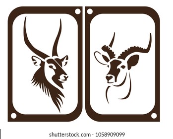 Laser cutting. Template. Set of african animals.  Framed portiat of kobus kob and waterbuck isolated on white background. Nature stencil. 