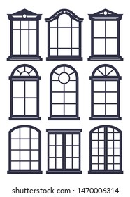 Laser cutting template. Set of arched isolated windows. Simple illustration of 9 window design for scrapbook layouts. Black and white vector. Die cut silhouette.