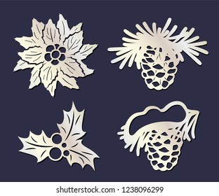 Laser Cutting Template. Set Of Christmas Decorations - Snowy Fir Branch, Pine Cone, Holly Berry, Poinsettia. Paper Cut Out New Year Theme. Vector Illustration. Silhouette Design.