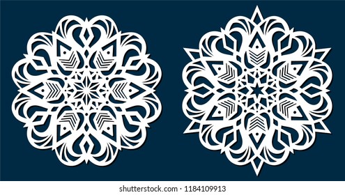 Laser Cutting Template. Set Of Die Cut Cards. Flower Mandala. Doily Lace. Oriental Pattern, Vector Illustration. Paper Cutout Snowflakes Motifs. Stencil