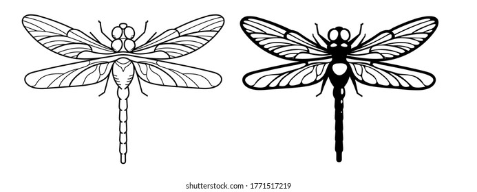 Laser cutting template. Set of dragonfly. Linear art. Abstract geometric dragonfly insect. Stencil for decorative panel of wood, metal, paper. Vector illustration.