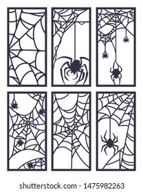 Laser cutting template. Set of halloween frame. Modern paper art with black spiderweb on white background. Die cut cobweb vector design element. Black paper cut background. Spider vector isolated.