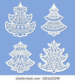 Laser cutting template. Set of openwork Christmas trees. For cutting from any material. For the design of Christmas cards, Christmas tree decorations, interior details, etc. Vector