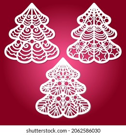 Laser cutting template. Set of openwork Christmas trees. For cutting from any material. For the design of Christmas cards, Christmas tree decorations, interior details, etc. Vector