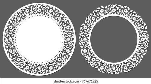 Laser cutting template. Set of round napkin with floral border. Vintage paper cutout lace doily. Die cut card with floral side. Round element design for wedding invitation. Vector illustration.