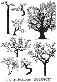 Laser cutting template. Set of trees silhouette isolated on white background. Black naked branch trees. Hand drawn vector illustrations.