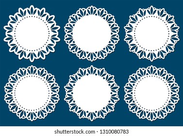 Laser cutting template. Set of white lace doilies with hearts. Decorative paper cut out design. Greeting card with openwork border. Doily under the cake. Round valentines, wedding vector illustration.