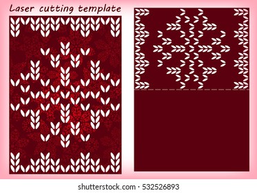 Laser cutting template with snowflake made of traditional knitted texture. For greeting cards, invitations. Card size 148 mm x 105 mm. Vector illustration.