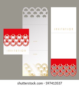 Laser cutting template of square invitation. Red and white invitation with a gold cut-through patterned border in the form of scales.  Vector layout.