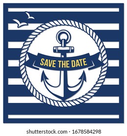 Laser cutting template. Square nautical wedding invitation. Save the date card with anchor, rope and striped background. Sea theme. Stencil design. Paper cutout. Vector silhouette.