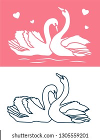 Laser cutting template. Stencil. Beautiful romantic pair of swans and hearts. Die cut wedding cards. Paper cutout. Love birds silhouette. Valentines day design. Vector illustration.