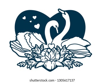 Laser cutting template. Stencil. Beautiful romantic pair of swans, floral flowers bouquet and hearts. Die cut wedding cards. Paper cutout. Love birds. Valentines day design. Vector illustration