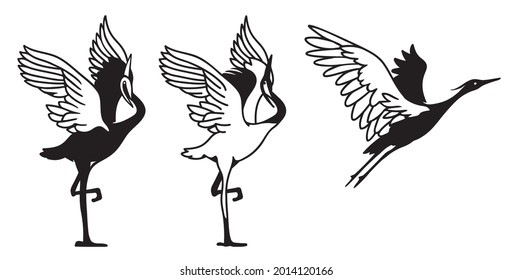 Laser cutting template. Symbol of a crane bird or heron standing (dancing) and flying. Crane bird shape for craft and decoration. Vector shape. Stencil. Wood carving. Black and white silhouette.