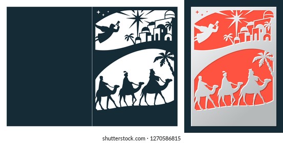 Laser cutting template. The three wise men magi on their journey following the star of Bethlehem and the city in the background. A nativity Christmas card. Die cut design. Vector illustration. 