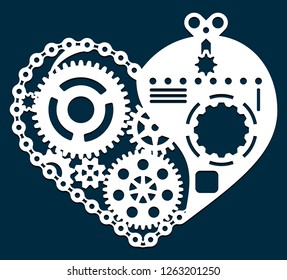 Laser cutting template. Valentine card with gear, bearing and chain. Steampunk heart design. Die cut mechanical heart. Geometric form. Paper or metal cutout. Vector Illustration.