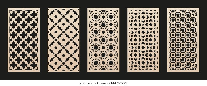 Laser cutting template. Vector set with floral geometric pattern, abstract grid, mesh. Oriental style design. Template for cnc cutting, decorative panels of wood, metal, paper. Aspect ratio 1:2